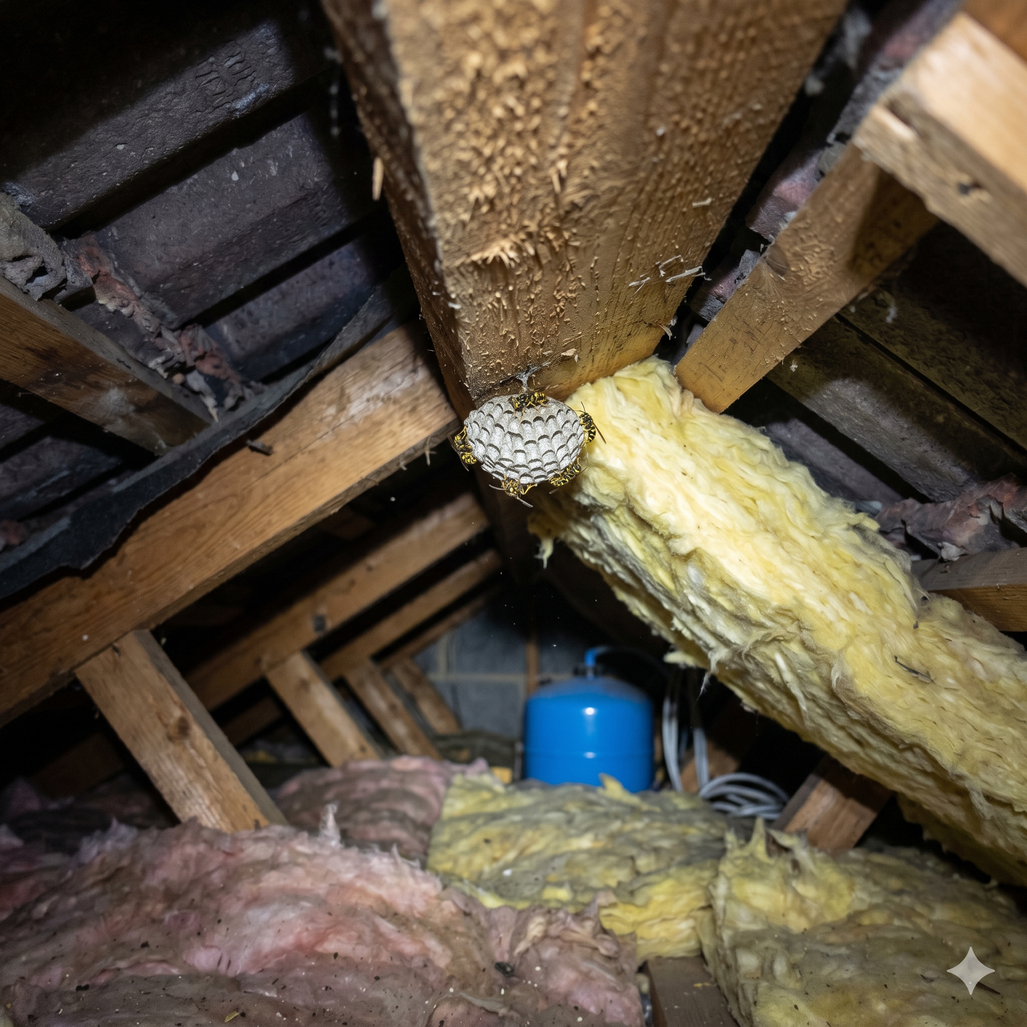 hidden wasp nest in a loft